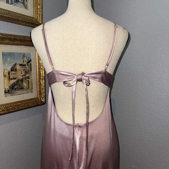 Allina Liu Calla Satin Slip Dress Size 6 Pink Lace Insets Open Back Tie Midi EUC - Picture 10 of 16